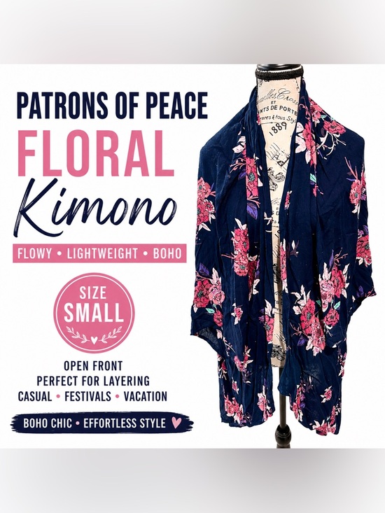 Patrons of Peace Tops - Patrons of Peace Small Boho Floral Kimono Cardigan Navy Pink Flowy Open Front